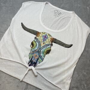 CHASOR Womens White Skull Graphic Tie Front T Shirt‎ Top Size M